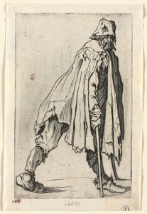 乞eg：拐杖上的乞gar，戴着帽子，c。 1623。 作者 雅克·卡洛