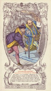 查理五世捡起提香的画笔，因为他在为皇帝画像时掉落了画笔（彩色平印）。