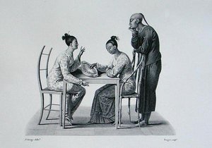 中国人在帝汶的Coupang演奏Tchonka，出自《1817-20年乌兰尼的世界之旅》，由Forget雕刻，1825年出版（雕刻版）。