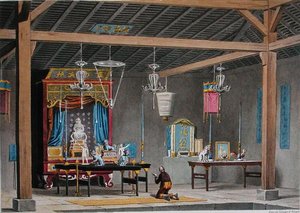 帝汶Coupang的中国寺庙内部景观，摘自Lerouge和Forget于1825年出版的 "Voyage Autour du Monde sur les Corvettes de L
