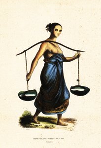 年轻的马来妇女用轭扛着水