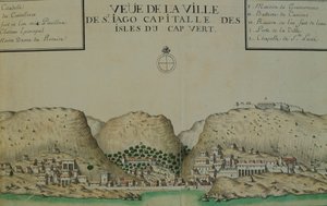佛得角的圣贾戈城（圣地亚哥），水彩画，摘自雅克-古安-德-博什纳（Jacques Gouin de Beauchesne）的航海日志，他是 1698 年至 1701 年在南洋的船长。