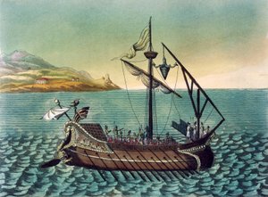 Duilius Corvus（登船装置）在罗马加里战舰上，由Jacques Grasset de Saint-Sauveur（1757-1810）绘制，来自古罗马的雕刻。