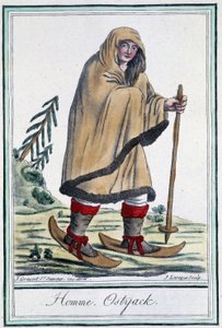 踩着滑雪板的奥斯特亚克人--载于Grasset Saint Sauveur的 "Encyclopédie des voyages"，巴黎1796年版。 作者 雅克·格拉塞德·圣索维尔