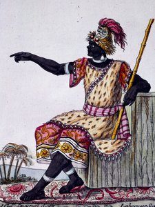 Loango国王，根据Labrousse（活跃于1796年）的绘图进行的彩色雕刻，出自Jacques Grasset de Saint-Sauveur（1757-1810）的《航海百科全书》。 作者 雅克·格拉塞德·圣索维尔