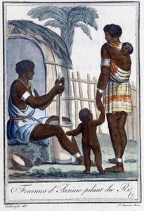 Issinie 的妇女在捣米 - 在 Grasset St Sauveur 编的“”旅行百科全书”中。 1796 作者 雅克·格拉塞德·圣索维尔