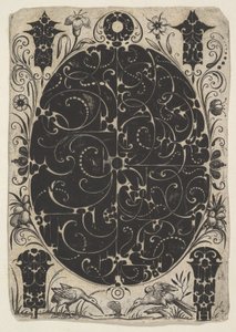 椭圆形的箱子上装饰着两种不同的Schweifwerk，周围是更小的图案...，约1614-19年。