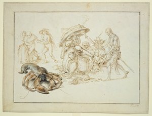龙虾和两个女巫，c.1602（纸上钢笔和水彩） 作者 雅克二世·盖恩