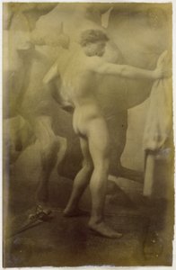 雅克-德-拉林工作室中的裸体男模特研究，背景为马匹的不朽壁画 作者 雅克·拉莱恩（归因于）