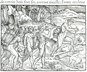 美国原住民狩猎后生火》，Theodor de Bry（1525-75 年）雕刻