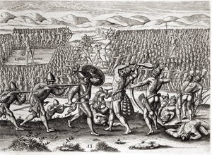 Outina在1564年佛罗里达法国的帮助下击败Patanou，来自Theodore de Bry（1528-98）1591刻的&39;Brevis Narratio&39;（另见223425和173458） 作者 雅克·勒·摩恩（Jacques Le Moyne）