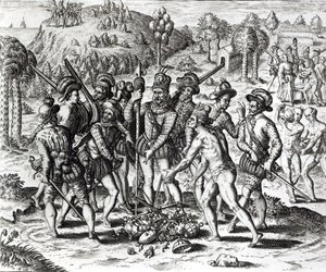西班牙人接受印第安人的礼物，来自&39;历史&39;，1598年，由Theodor de Bry（1528-98）雕刻