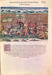 法国帮助印第安人参加战斗，来自&39;Brevis Narratio ..&39;，由Theodore de Bry（1528-98）刻在法兰克福，1591年（另见111679） 作者 雅克·勒·摩恩（Jacques Le Moyne）