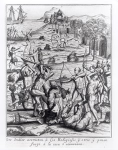 印第安人袭击祭司和其他人并焚烧他们的房屋，雕刻自&39;Americae&39;，由Theodor de Bry（1528-98）编写和雕刻 作者 雅克·勒·摩恩（Jacques Le Moyne）