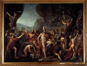 Leonidas to Thermopyls 公元前 480 年 Thermopyls 之战的情节，反对希腊人对抗波斯人薛西斯一世，斯巴达国王列奥尼达一世抱着双臂，坐在岩石上，靠近赫拉克勒斯的祭坛，后面是一支军队 的斯巴达人前进到 t 作者 Jacques Louis David