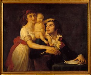 Camille Desmoulins (1760-1794) 他的妻子 Lucile (1771-1794) 和他们的儿子 Horace Camille (1792-1825) 的肖像 Jacques Louis David (1748-1825) 18 世纪的画作 1x1,23 米。 凡尔赛宫，城堡博物馆 作者 雅克·路易·大卫