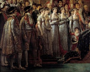 拿破仑的仪式。 12 月 2 日在巴黎圣母院举行的拿破仑一世·波拿巴 (Napoleon I Bonaparte) 圣礼和约瑟芬 (Imperatrice Josephine) 加冕典礼期间，皇帝兄弟姐妹的细节 作者 雅克·路易·大卫