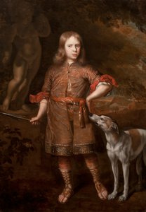 作为猎人的一个男孩的画象拿着与灵狮的公猪矛，1670年代中期