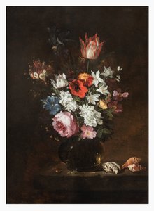 玻璃花瓶中的玫瑰、郁金香、鸢尾花、罂粟花、金银花和其他花朵，壁架上有贝壳 作者 雅克·德·克劳