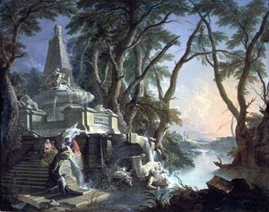 金字塔喷泉与破碎的海王星雕像，或风景。河流（布面油画 作者 雅克·德·拉约