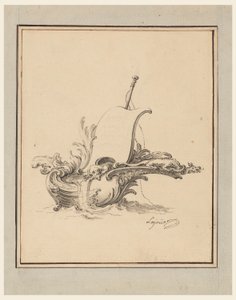图纸，带帆小船形状的护额设计，为《新异刻图汇编》绘制，1734 年 作者 雅克·德·拉约