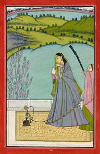 露台上的女士，手持水烟袋和猎鹰，约 1760 年（纸面不透明水彩和金色） 作者 贾马尔·哈尔