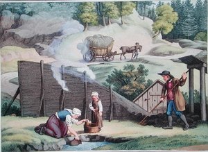 在奥地利制作木炭，插图来自亚历山大-德-拉博德（Alexandre de Laborde）的 "Autriche Pittoresque之旅"，1821年在巴黎出版（彩色版画）。 作者 雅各布（后）高尔曼