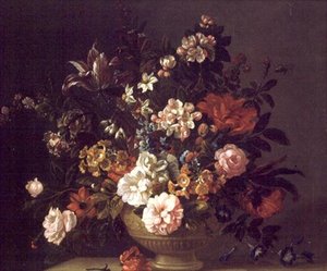 玫瑰花、郁金香和其他鲜花放在一个斜坡上的瓮中 作者 雅各布博格达尼或博格达尼