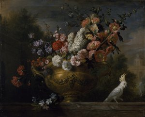 静物，花在瓮中，有鹦鹉，在壁架上，约 1699 年（布面油画） 作者 雅各布博格达尼或博格达尼