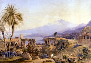 西西里岛的陶尔米纳：废墟和埃特纳火山。 雅各布·苏特 (Jacob Suter) 的画作，大约 1850 年。 作者 雅各布·苏特