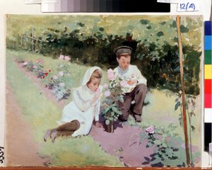 "玫瑰园中的两个孩子雅科夫-卡利尼琴科（1869-1938 年）的画作，1908 年国家地区 I 级。波扎罗斯金艺术博物馆，梁山