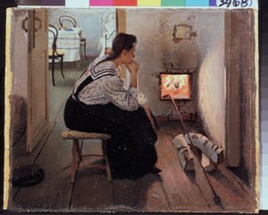 "火炉前的思绪》（Reflexions pres du poele a bois），一位年轻女子坐在火炉前沉思。雅科夫-卡利尼琴科（1869-1938 年）1897 年绘画，国家地区 I 级。波扎罗斯金艺术博物馆，梁山