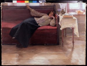 "Songes", 躺在沙发上沉思的少女。雅科夫-卡利尼琴科（1869-1938 年）的绘画，1904 年国家地区 I 级。波扎罗斯金艺术博物馆，梁山