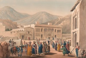 Shah Shoojah-ool-Moolk的Durbar-Khaneh，在Cabaul[原文如此]，约1840年（石版画，着色）。 作者 詹姆斯（后）阿特金森