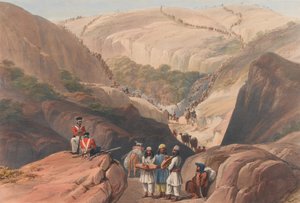 第一次下山通过库贾[原文如此]山口，约1839年（石版画，着色）。