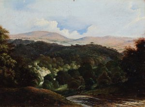 森林中的建筑景观（磨木板油画） 作者 