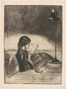 灯光下的阅读，1859年。 作者 詹姆斯·阿博特·麦克尼尔·惠斯勒