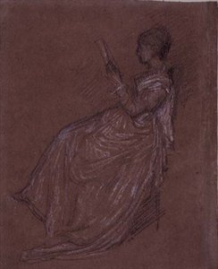 坐着看书的女士，为Layland夫人做的研究（纸上粉笔画）。 作者 詹姆斯·阿博特·麦克尼尔·惠斯勒