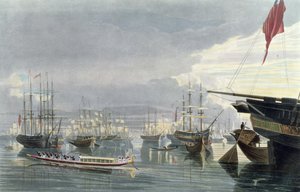 1837年史密斯码头附近的加尔各答河，航运和城镇景观，由年轻的罗伯特·哈维尔（1793-1878）（aquatint）雕刻而成