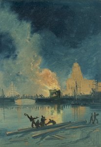 布里斯托尔暴动：公元1832年王子街桥上的收费站燃烧（纸上油） 作者 詹姆斯·贝克·派恩