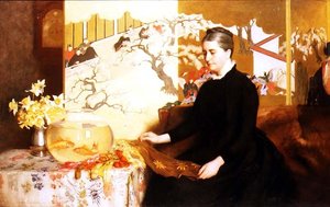 带着日本屏风和金鱼的女士（艺术家母亲的画像