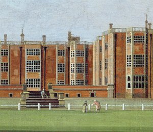 Temple Newsam House 的视图，c.1750（布面油画）（128852 的细节，显示了立面的中央部分） 作者 詹姆斯·查普曼