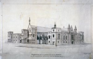 对毗邻威斯敏斯特大厅的建筑进行改建的建议，伦敦，约1825年。               作者 詹姆斯·杜菲尔德·哈丁