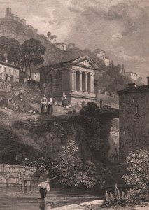 意大利翁布里亚 Campello sul Clitunno 附近沿 Clitunno 河的 Clitumnus 神庙景观，Jordan 根据 James Duffield Harding（1798-1863 年）的绘图所作的钢版雕刻，约 10、5x15 厘米 作者 詹姆斯·杜菲尔德·哈丁