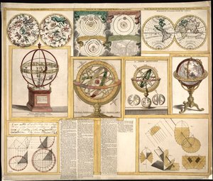 九张图片集，包括天文仪器、天体图和世界地图。LOC 2013593153 作者 詹姆斯·弗格森