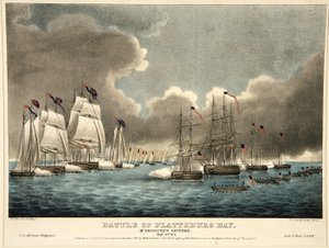 普拉茨堡湾之战：麦克多诺的胜利，酒吧。 1840年（手工彩色雕刻）