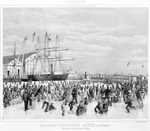 1856年严冬时费城特拉华河上的场景，约1860年（平版）（黑白照片）。