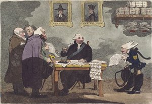 詹姆斯-吉尔雷（James Gillray）撰写的《一位贵族老爷因和平临近而无暇顾及一百万公款的支出》（已裁剪 作者 詹姆斯·吉里