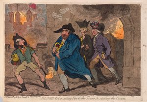 Blood＆Co。设置Fire to the Tower并窃取皇冠，酒吧。 1788年（手工彩色雕刻）