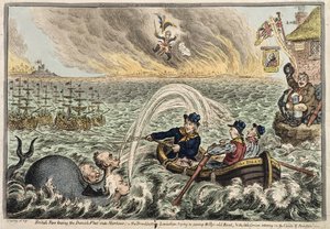 英国Tars拖着丹麦舰队进入海港，或者Broadbottom Leviathan试图淹没Billy的旧船，而小科西嘉人则在1807年的野心云上摇摇欲坠（手工蚀刻